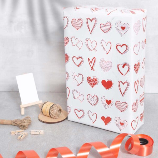 Heart Graphics Gift Wrapping Paper, Pack of 10 Red White Colours