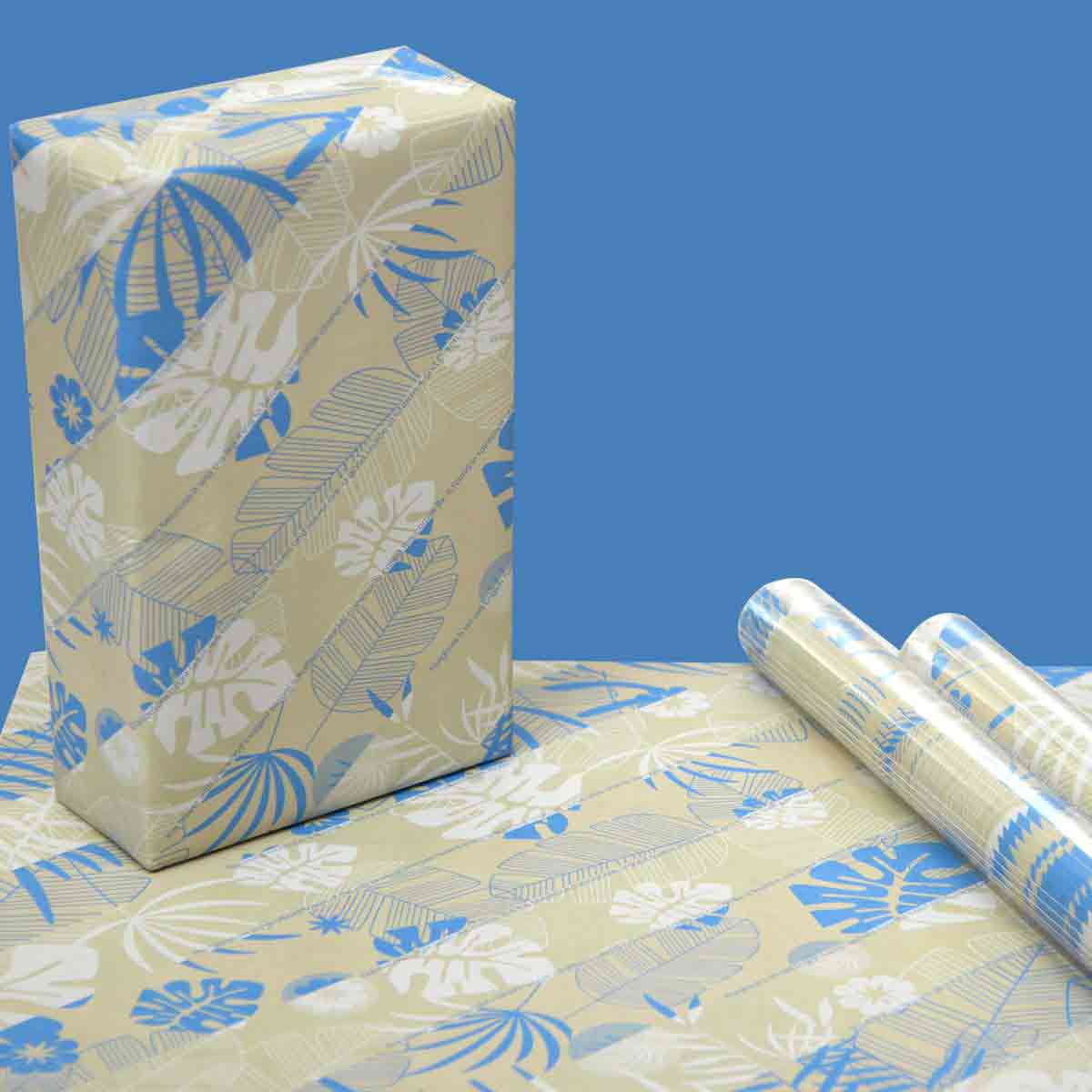 Blue Beige Floral Gift Wrapping Paper with Facts, Pack of 10 Wraps