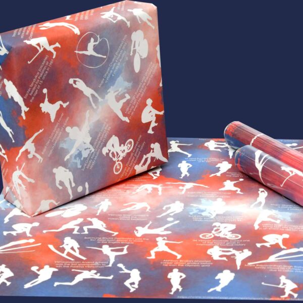 Set of 10 Sports Gift Wrapping Paper with Facts, Red and Blue Colours